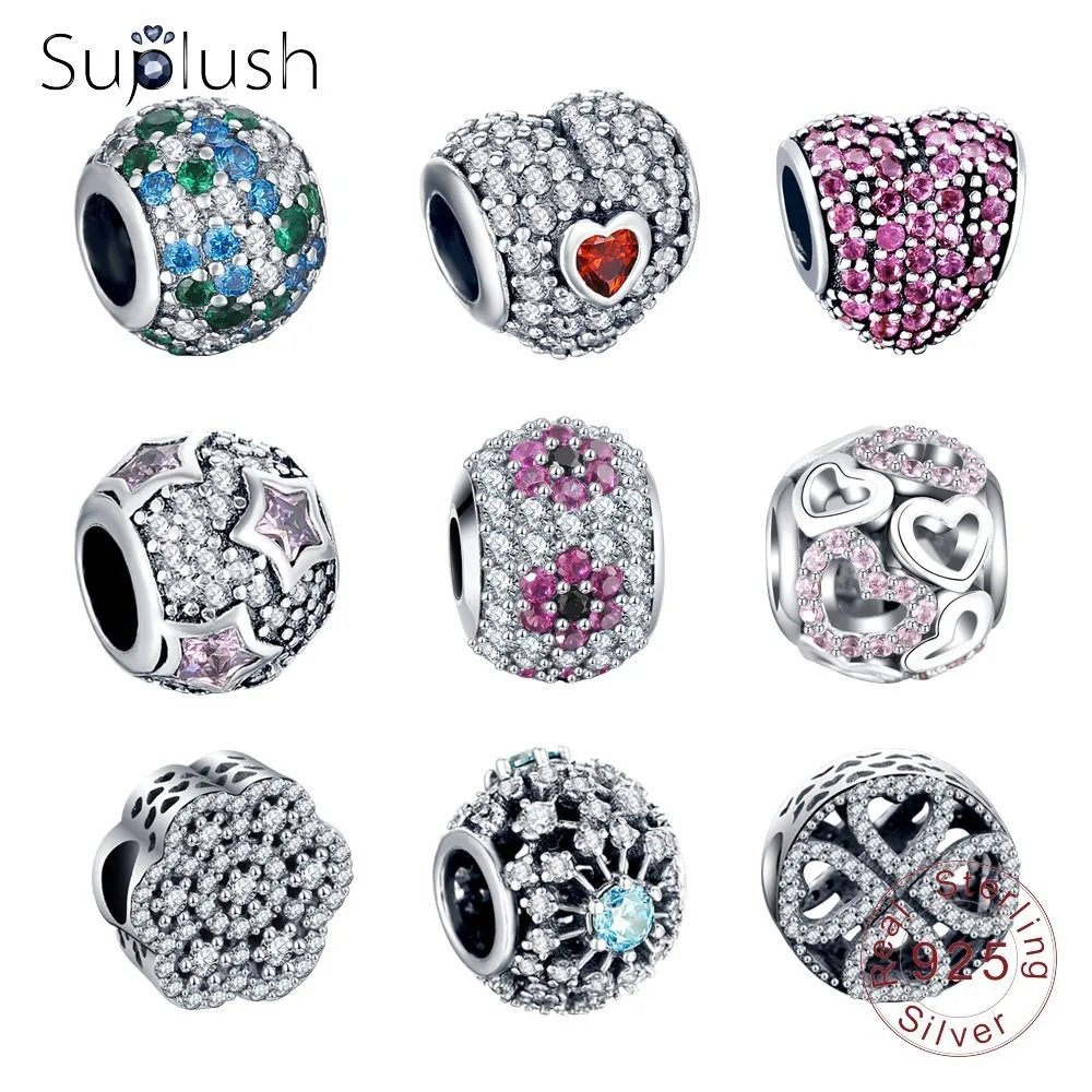 

Suplush 100% 925 Sterling Silver Charm Cubic Zirconia Charm Beads For Original Brand Charm Bracelet Heart Charm 925 Silver