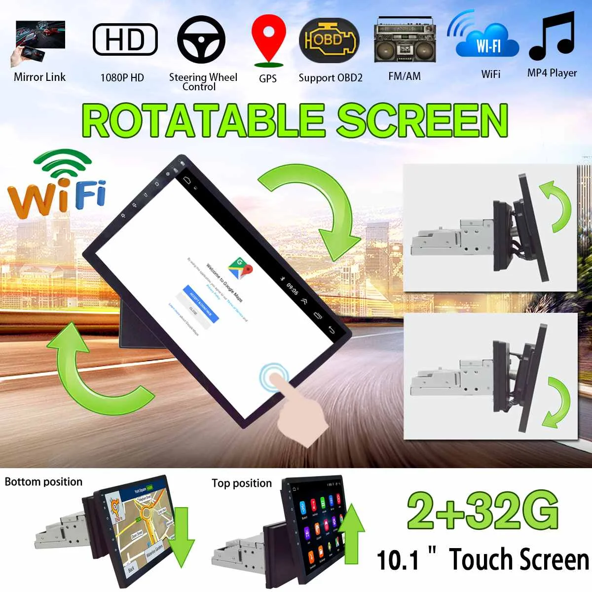 

2G+32G Rotatable Car Multimedia Player for Android 8.0 Car Stereo 1Din 10.1" GPS Nav WiFi Radio MP5 Player Quad Core Universal