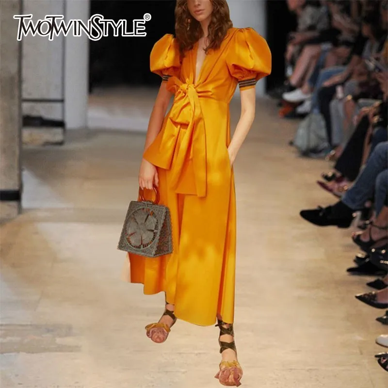 

TWOTWINSTYLE Yellow Dress Women V Neck Puff Short Sleeve High Waist Bowknot Maxi Dresses Female Spring Fashion 2019 Elegant
