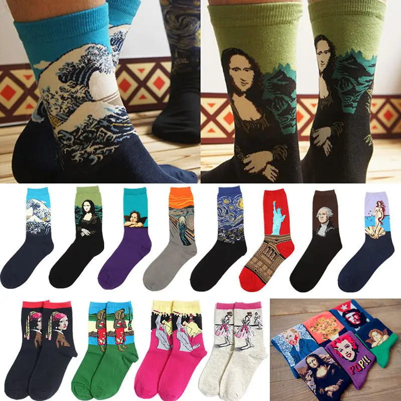 

3d print art socks women men cotton harajuku style famous painting sock van Gogh Mona Lisa da Vinci funny Socks Vintage