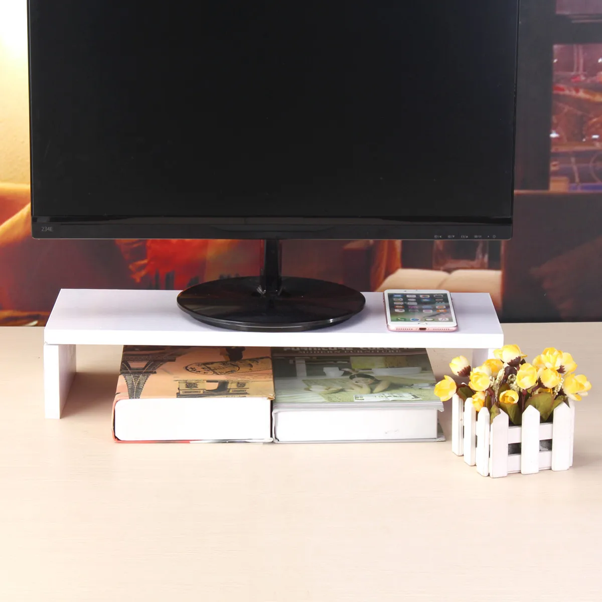 

YUNAI Black White Wooden Monitor Stand Computer Monitor Riser Wood Shelf Plinth Desk Organizer Storage Box 500x180x100mm