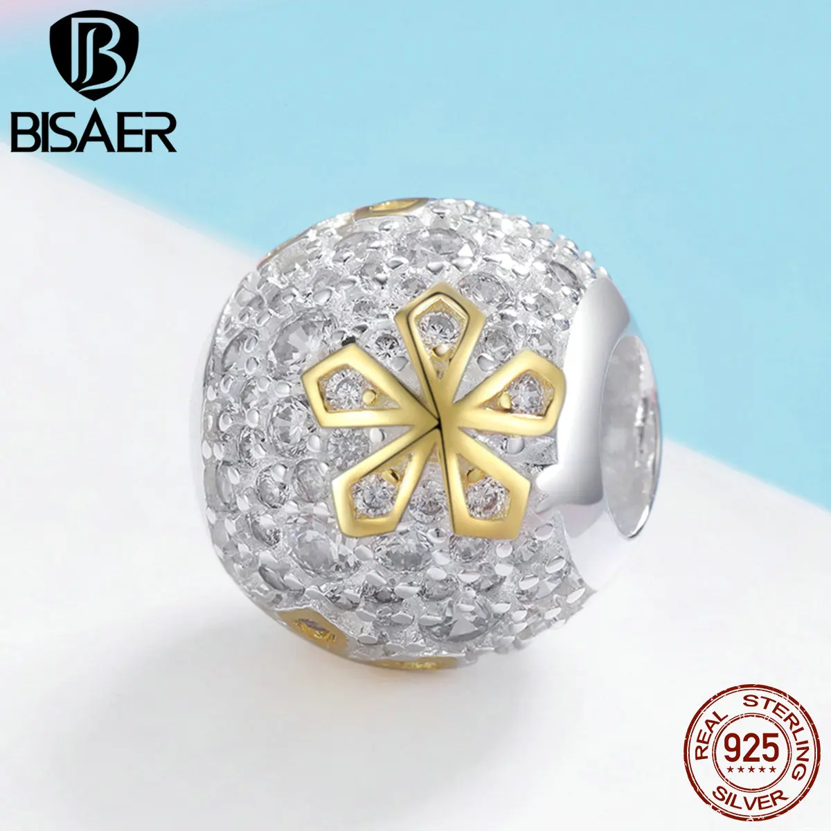 

BISAER 925 Sterling Silver Snowflake Charms Ice Snowflakes CZ Beads fit Bracelets Silver 925 Beads for Jewelry Making ECC978