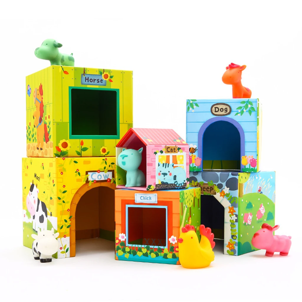 

12Pcs Stacking Cubes Set 6 Cardboard Houses & 6 PVC Animal Kids Baby Stacking Blocks Preschool Early Educational Toy Gift