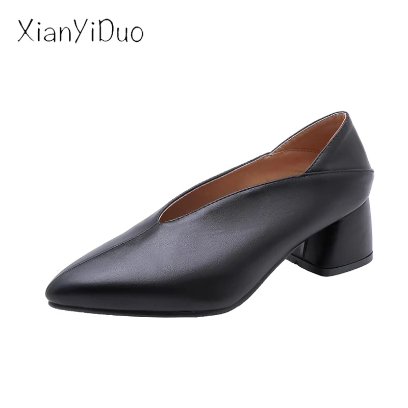 

xianyiduo 2019 new Spring Slingbacks Retro Women's Shoes Pointed Toe slip-On Middle heels Block Pumps big size 34-48 red /19-2