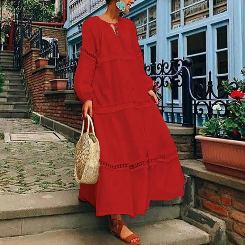 

VONDA Women Maxi Long Dress 2019 Autumn Bohemian V Neck Hollow Out Long Lantern Sleeve Loose Dresses Casual Vestido Plus Size