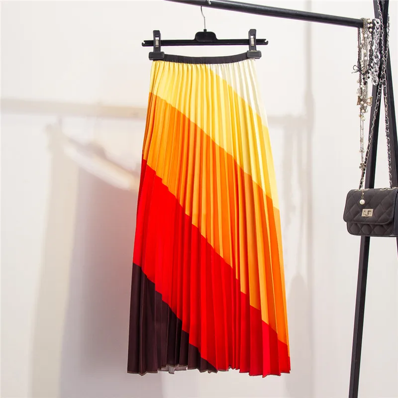Новинка-наступающую осень радуга обесцвечиваясь и не шелковым верхом в стиле ретро Для женщин юбки Хай-стрит A-Line многоцветный юбки