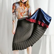 [YaLee] Новая мода весна лето контрастный цвет Сращивание оборками асимметрия эластичный пояс свободная плиссированная юбка для женщин Y055