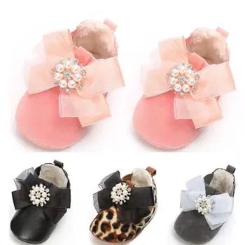 

2018 New Winter Toddler Baby Girls Soft Sole Crib Shoes Infant Sneaker Fashion Bowknot Plush Warm First Walkers Shoes 0-18M