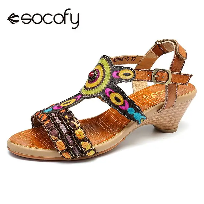 

SOCOFY Hand Painted Vintage Circle Pattern Genuine Leather Adjustable Hook Loop Low Heel Sandals Retro Summer Shoes Ladies Shoes