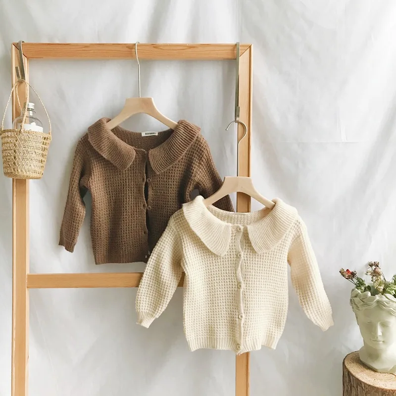 

Khaki/Ivory Turn-down collar long sleeve cardigans for girls sweaters Spring autumn kids tops children outwear 2-7Yrs