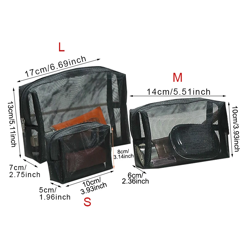 BUCHNIK 3 قطعة/المجموعة أسود صافي التجميل حقيبة أزياء النساء السفر شفافة غسل الزينة المنظم حالة المحمولة ماكياج الحقيبة