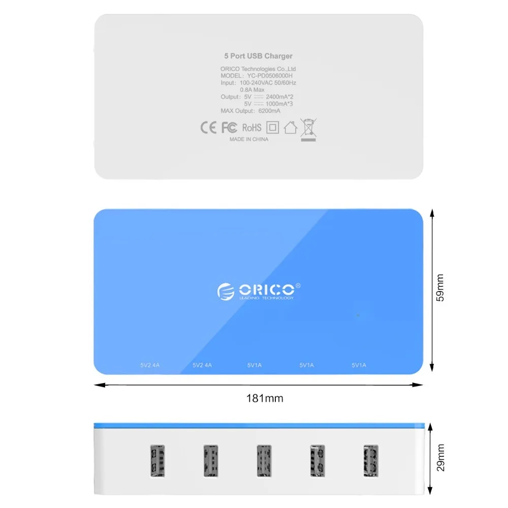 ORICO 5 Port Desktop Charger Mobile Phone Travel Charger USB Fast Smart Charger For Smartphone Samsung iPhone Tablet