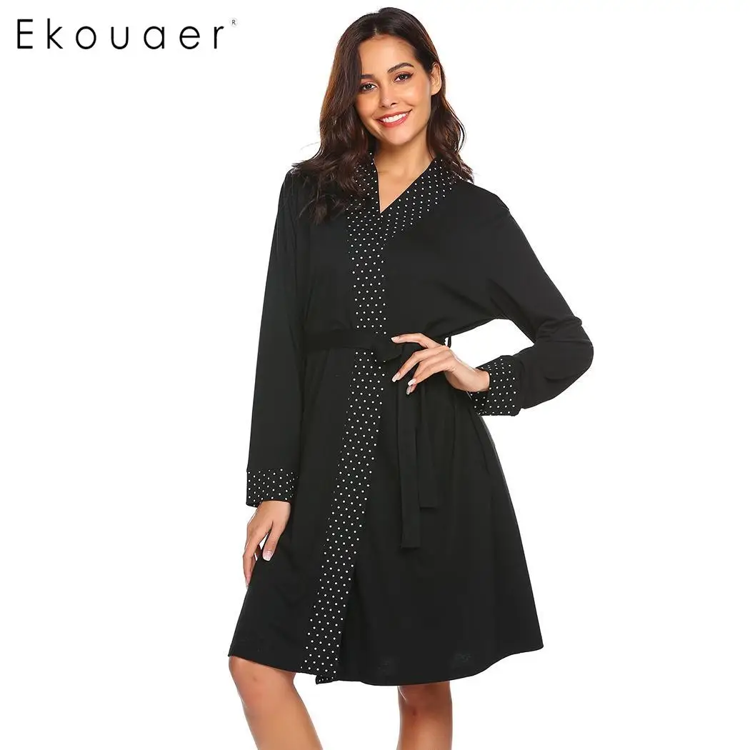 

Ekouaer Women Robe Sleepwear Dressing Gown Kimono Bathrobes Casual Solid Long Sleeve Nightwear Spa Robes Female Homewear