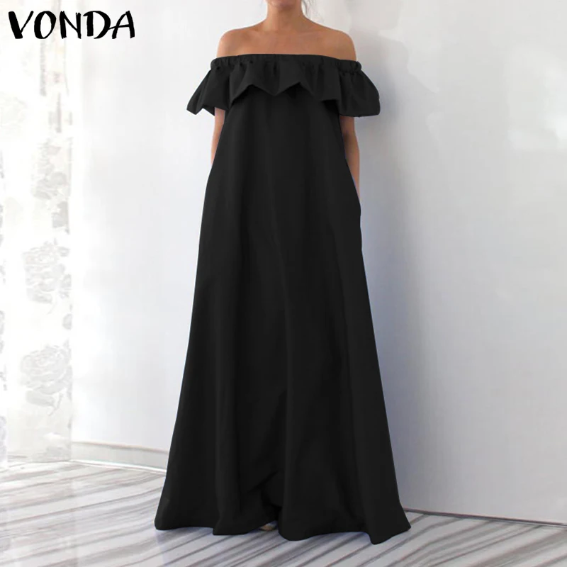 VONDA المرأة اللباس الصيف 2019 مثير قبالة الكتف كشكش ماكسي اللباس الصلبة أكمام الطابق طول Vestido المتضخم S-5XL