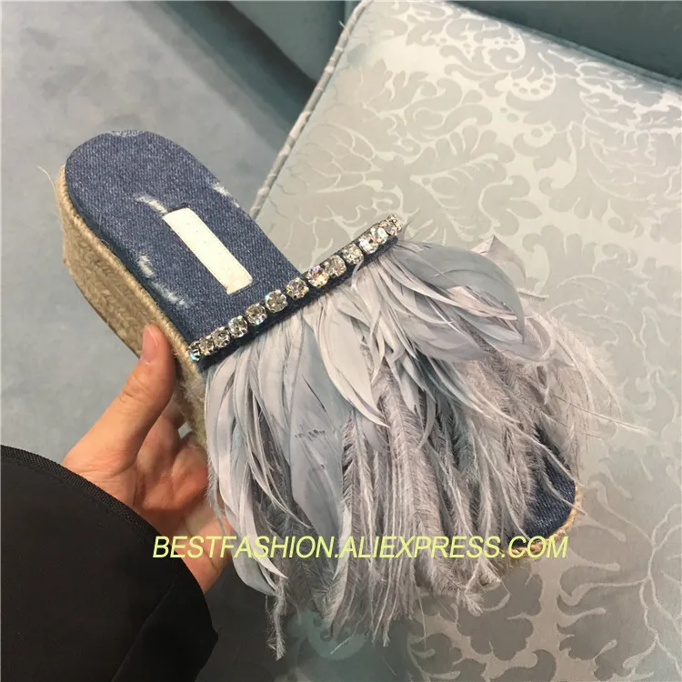 

New Spring Summer Denim Slippers Shoes Woman Platform Feather Crystal Flats Designer Woman Outside Slippers Tide Slides H