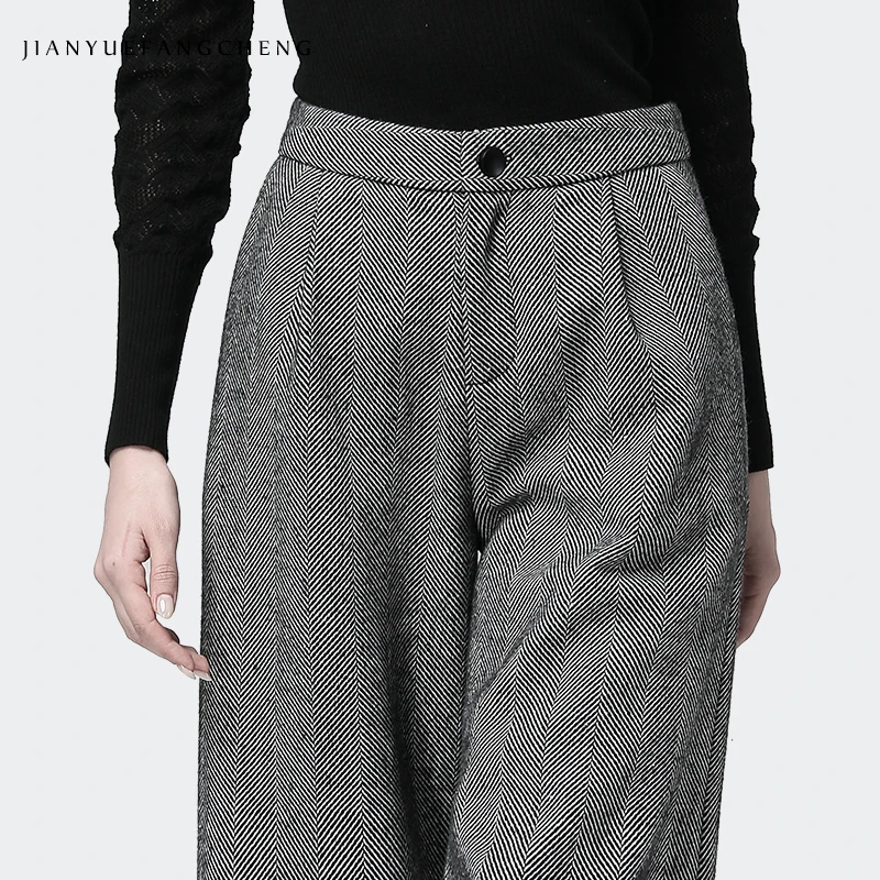 Office Ladies Pants Trousers Gray Long Wide Leg Winter Pants Women Plus Size 2019 Warm High Waist Wool Pants Pantalon Striped Office Ladies Pants Trousers Gray Long Wide Leg Winter Pants Women Plus Size 2019 Warm High Waist Wool Pants Pantalon Striped
