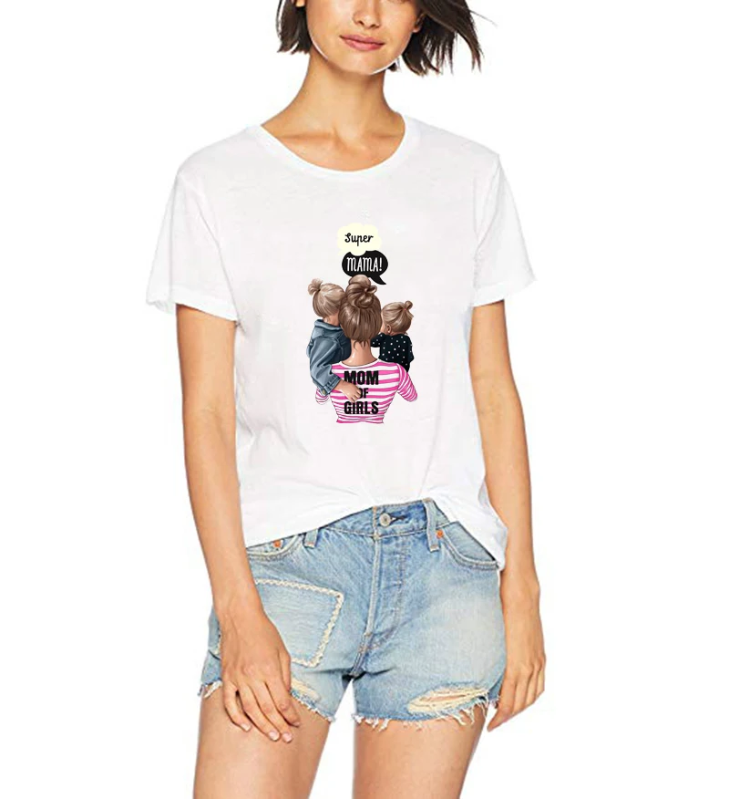 

Mother's Gift T Shirt Woman Super Mother Cute White T-shirts Girl 100% Cotton Summer O-Neck Tops Base Shirt Hipster Tees
