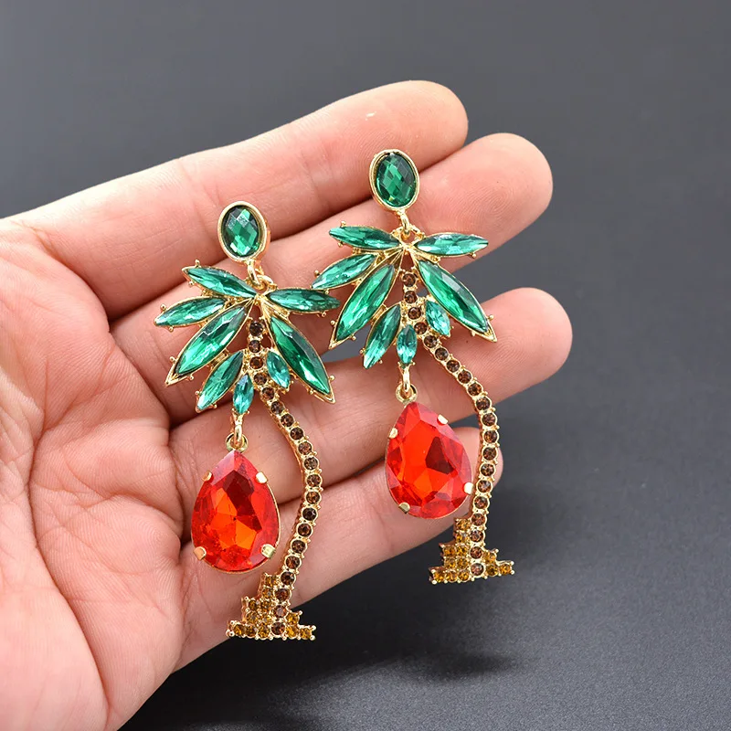 

Baroque crystal Coconut tree dangle earring for women 2019 summer beach Red Green fashion exaggeration earrings jewelry