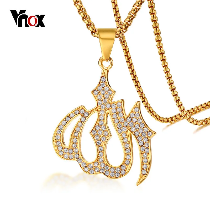 

Vnox Shiny CZ Stones Allah Pendant For Women Men Gold Color Stainless Steel Big Unisex Jewelry Praise Allah 24" Box Chain