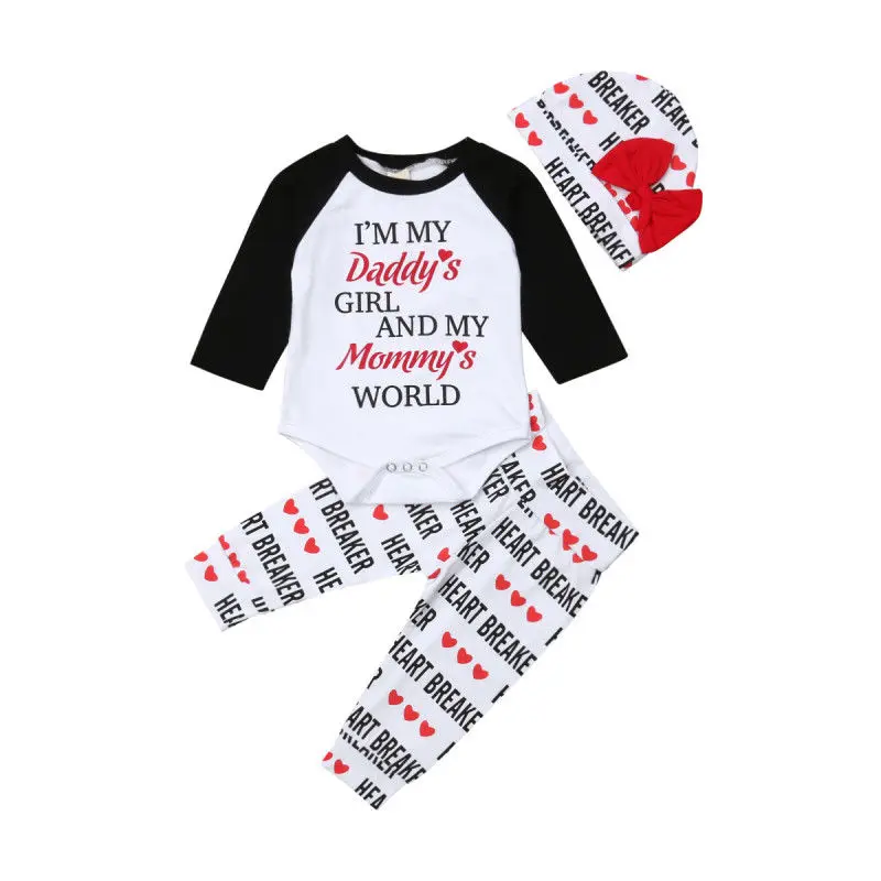 

0-18M Infant Newborn Baby Girl Clothes Letter Print Long Sleeve Cotton Bodysuit Tops Long Pant Bow Hat 3PCS Clothing Set