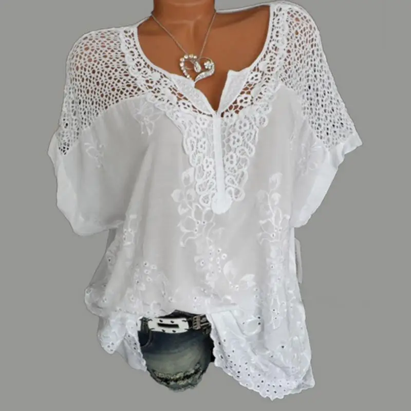Women Blouse Plus Size XL-5XL Bat's wing sleeved V neck Tops shirt Fashion Lace Edge vestidos casual shirts
