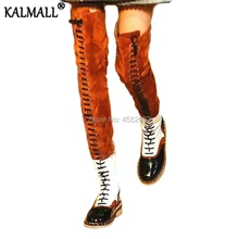 KALMALL/сезон осень-зима; обувь для подиума в винтажном стиле; женские сапоги-гладиаторы выше колена на плоской подошве; Botas; сапоги до бедра на шнуровке, украшенные цепочкой