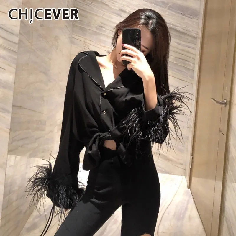 CHICEVER перья черные блузки Топы женские рубашки для женщин v образный вырез длинный
