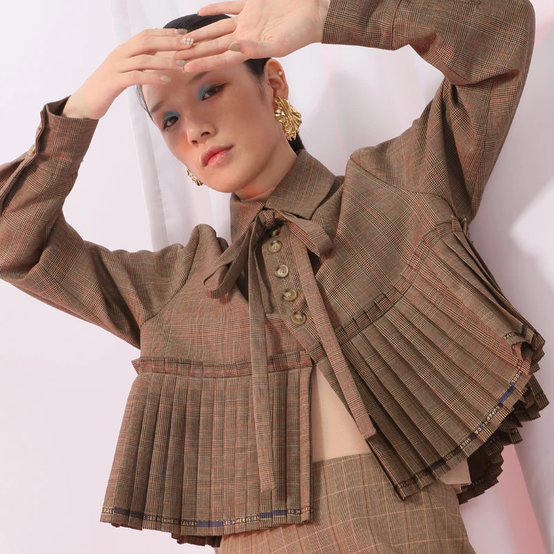 Printemps Longues Manches Mode Ample Femmes Plaid Camel Veste Nouveau De 2019 eam Plissée À Marée Arc Revers Chameau Point Manteau Bandage Ji331 qWXUETY