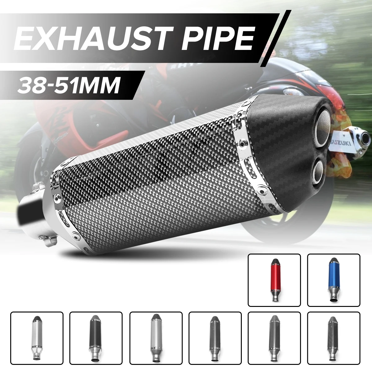 

38mm-51mm Motorbke Motorcycle Double Air Outlet Exhaust Carbon Stainless Steel ATV Scooter Muffler Pipe for Kawasaki for Honda