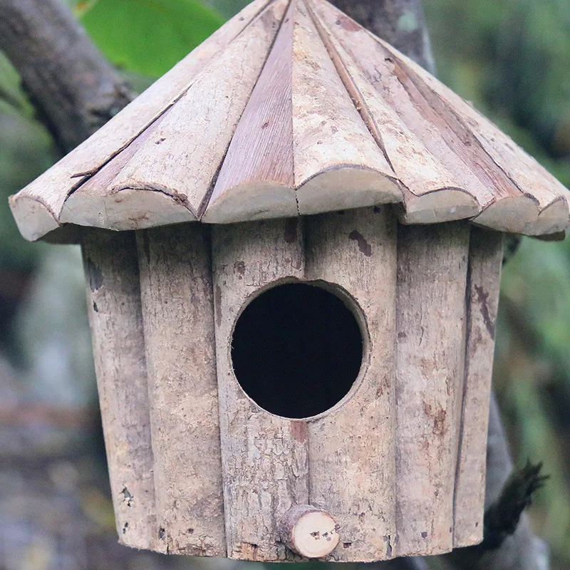 

New Handmade Wooden Garden Round Birdhouse Box Crafts Solid Wood Home Bird Nest