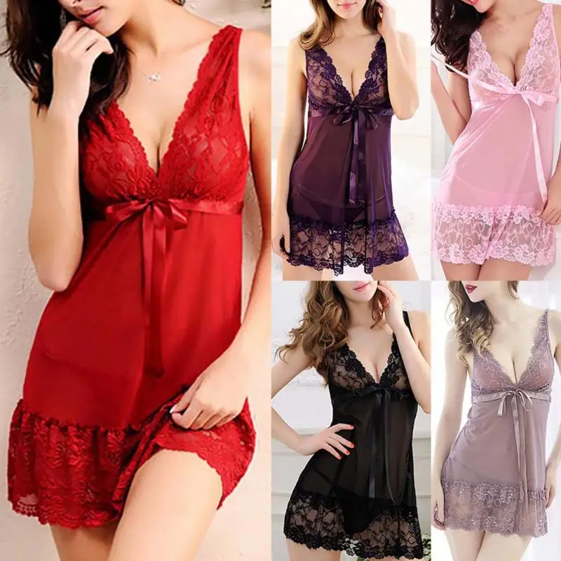 Women Sexy Nightwear Plus Size M-XXL Lace Nightgown Sleepwear Dress G-String Sexy Lingerie Robe (FITS SMALLER THAN USUAL) ► Photo 3/5