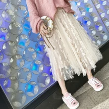 Новая весенняя сетчатая юбка в складку с перьями и кисточками, Женская Корейская сексуальная тонкая юбка с высокой талией, эластичная длинная юбка розового и серого цветов, юбка трапециевидной формы