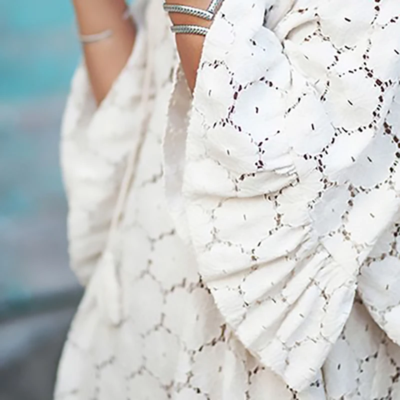[EAM] Новое весенне-Летнее белое кружевное Свободное платье с v-образным вырезом и рукавом три четверти большого размера Женская мода JT067