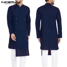 INCERUN мужская одежда рубашки с длинным рукавом мандарин пуловеры Chemise s кафтан асимметричный подол индийская одежда Исламский s