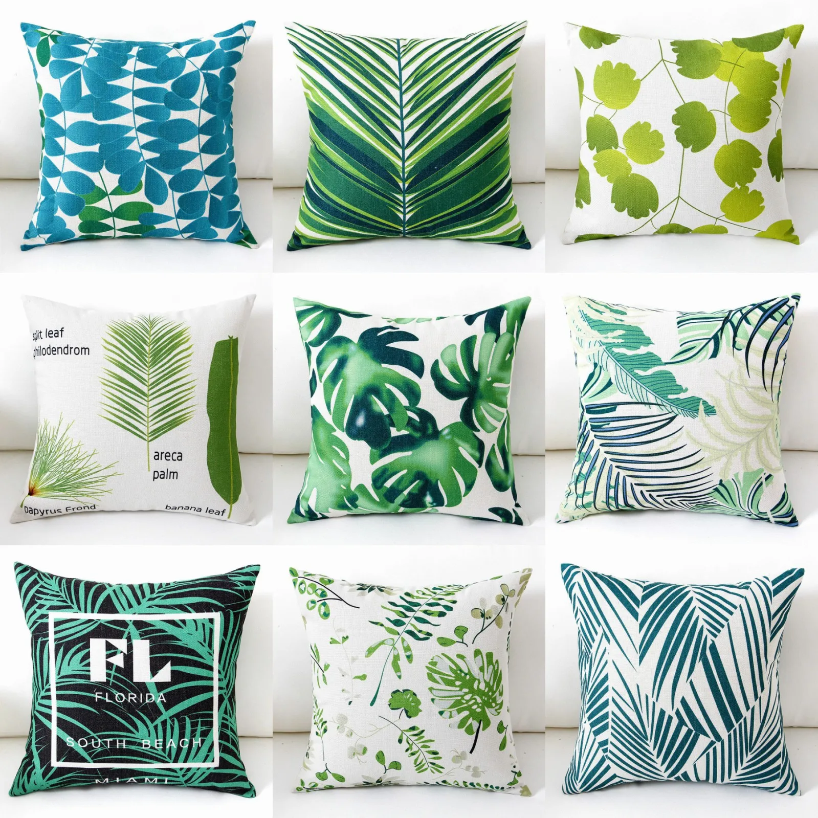 Наволочка из хлопка и льна с принтом зеленых листьев | Дом сад