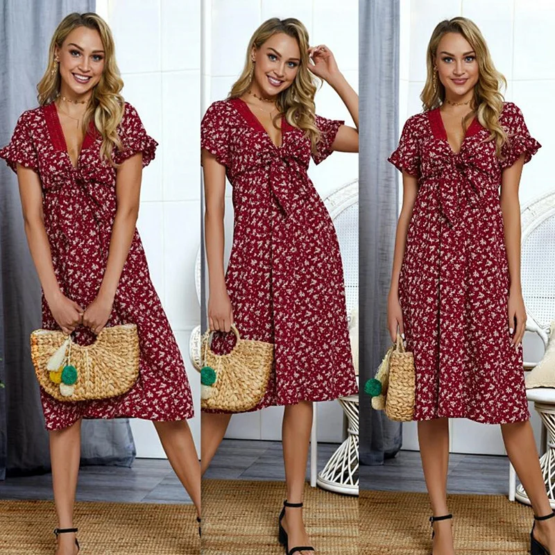 VITIANA Women Casual Beach Dress 2019 Summer Female Wine Red Deep V Neck Print Bohemian Pleated Party Midi Dresses Vestidos VITIANA Women Casual Beach Dress 2019 Summer Female Wine Red Deep V Neck Print Bohemian Pleated Party Midi Dresses Vestidos