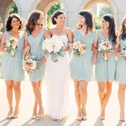 Дешевые Короткие мятный зеленые платья для подружки невесты 2019 vestidos de fiesta noche Sexy V образным вырезом Свадебная вечеринка платье Свадебные