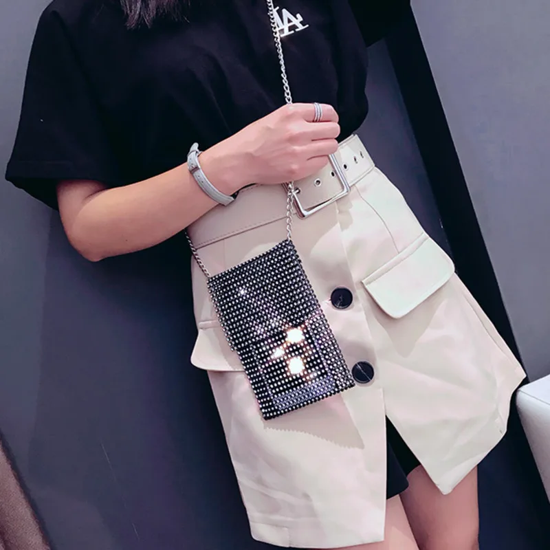 

[Super Seabob] 2019 Spring Summer Woman Personality New Black Color Spliced Chain Imitate Diamond Messenger Bag All Match LM184