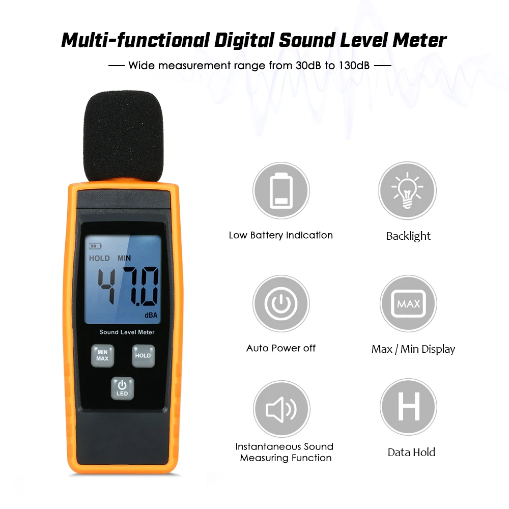 ЖК-цифровой измеритель уровня звука дБ метров 30-130dBA инструмент для измерения уровня шума децибел контрольный тестер макс/мин/режим удержания данных