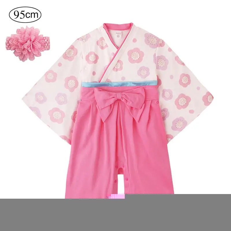 Японское кимоно Детская одежда Обувь для девочек летние длинные рукава Детские ползунки комбинезон с бантом печати кимоно с повязка с цветами