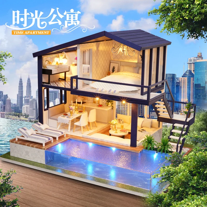 New Doll House Wooden Furniture Diy House Miniature Box Puzzle Assemble 3d Miniaturas Dollhouse Kits Toys For Kids Birthday Gift