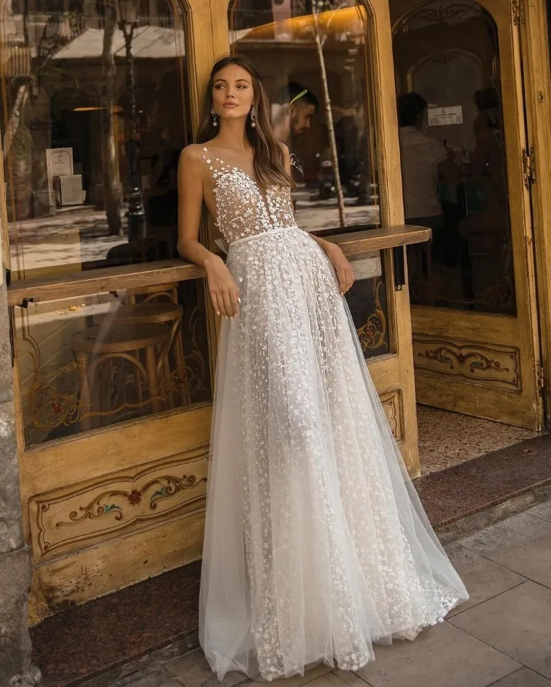 

Vivian's Bridal Fancy Lace Appliques Summer Beach Wedding Dress Sweet Fairy Illusion Mesh Bow Sashes A-line Bridal Dress