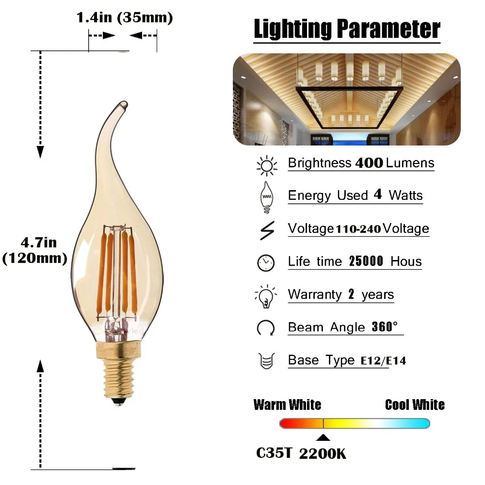 GANRILAND светодиодный светильник E14 220V 4W C35 светодиодный Диммируемый свечи накаливания канделябры с изогнутым кончиком 30W