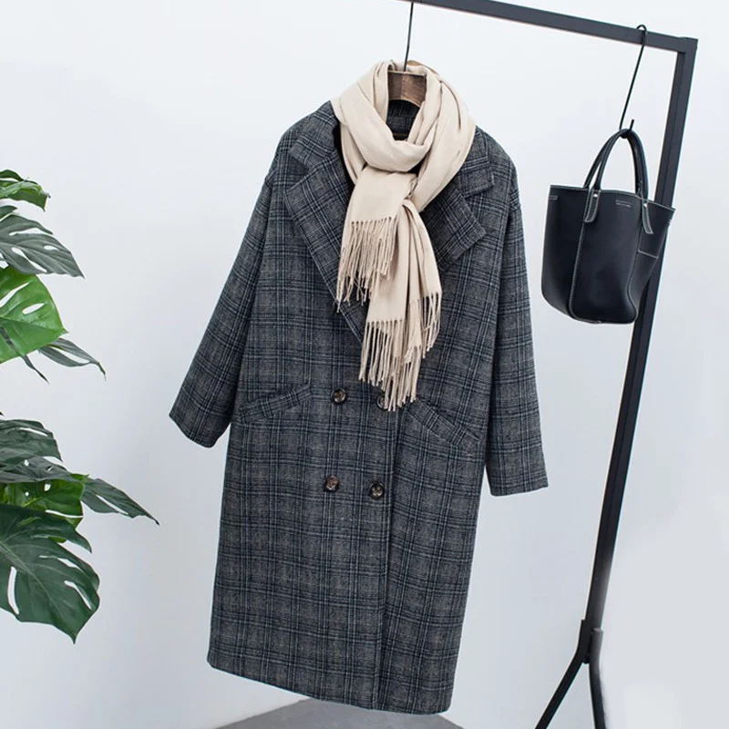 Women's Plaid Thick Woolen Jacket Thicken Long Wool Coats Female 2019 Women Winter Spring Warm Coat Outwear Manteau Uk Cloak