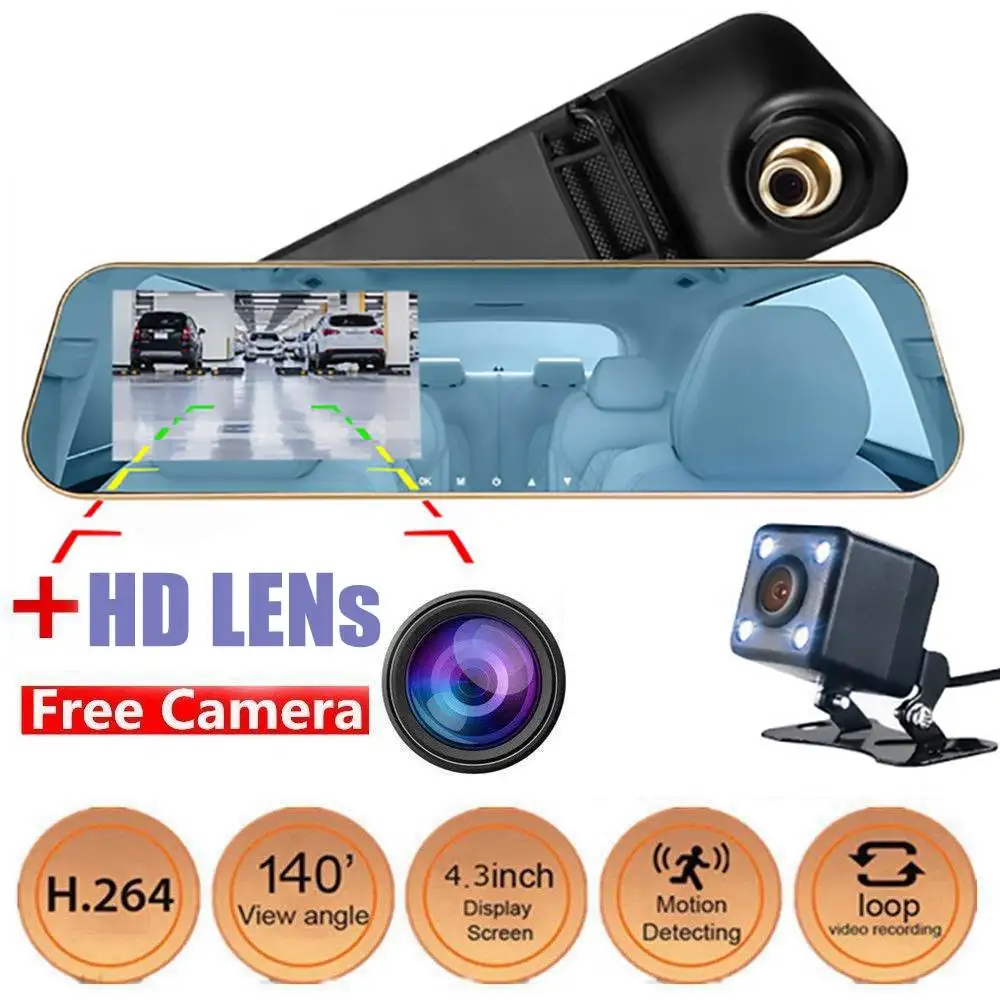 

Full Driving Recorder 4.3 Inch Screen Mirror Dash Cam Front and Rear Backup Reverse Camera Rearview Mirror HD 1080P