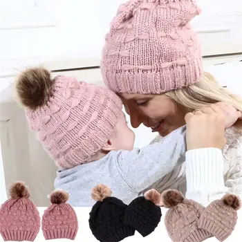 

2PCS Mom Mother Baby Girls Boys Knit Hat Winter Warm Beanie Pompom Cap NEW Family Matching Hat Caps Set