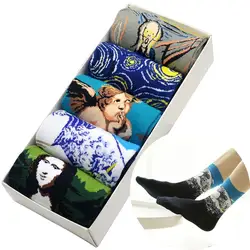 Знаменитая картина маслом мужские носки 5 пар/уп. Ретро Ван Гог Картина маслом Мона Лиза Звездная ночь мужские носки Harajuku уличные носки