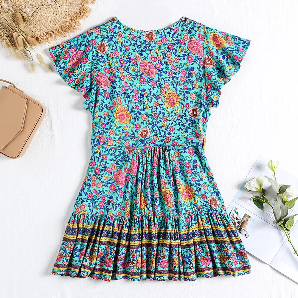 ZAFUL Summer Women Dress Casual V Neck Short Sleeve Floral Print A Line