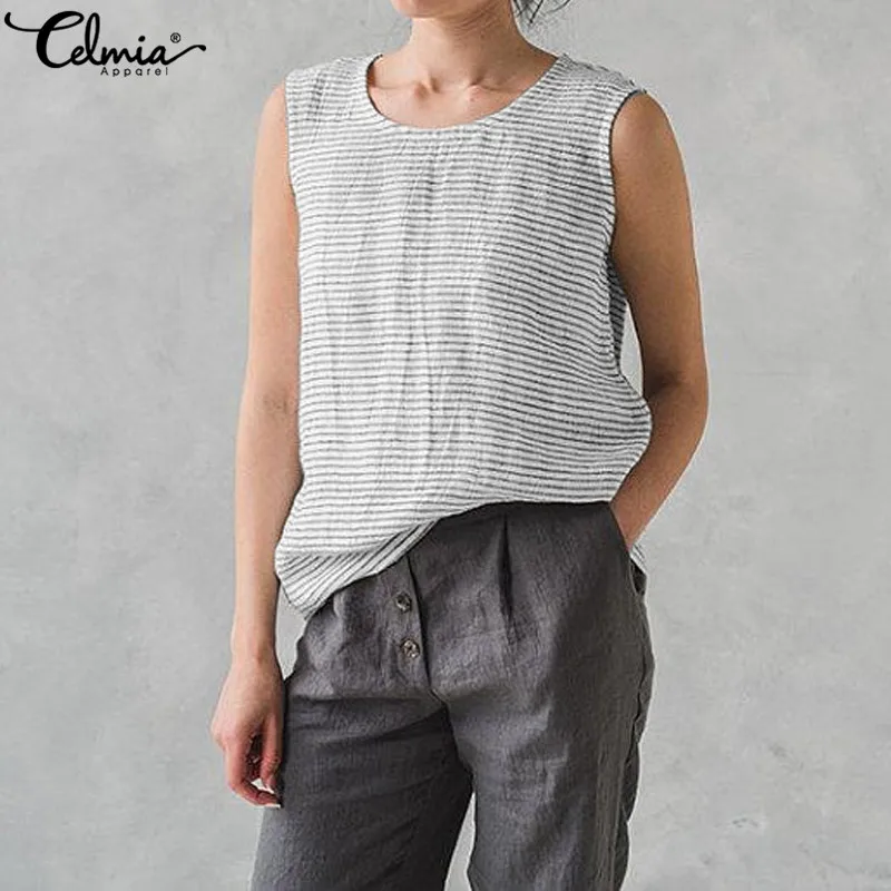 

2019 Plus Size Celmia Sleeveless Tops Women Tank Tops Casual Loose Linen Striped Blouse Summer Shirt Beach Vest Camis Mujer 5XL