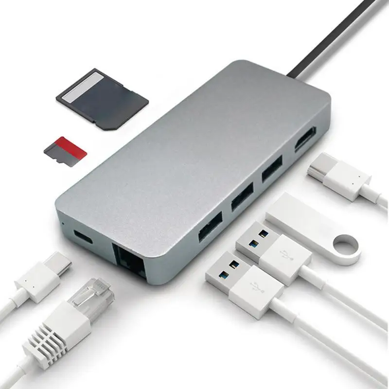 

High Quality 8-in-1 Multi-function Docking Station Type-C Hub Card Reading Insertion U Disk Network Cable 4K HD